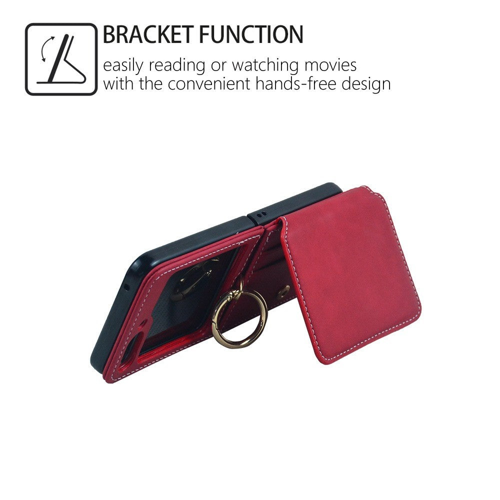 For Samsung Galaxy Z Flip7 FE 5G / Z Flip6 5G Case Card Slot Finger Ring Holder Leather + PC Phone Cover - Red