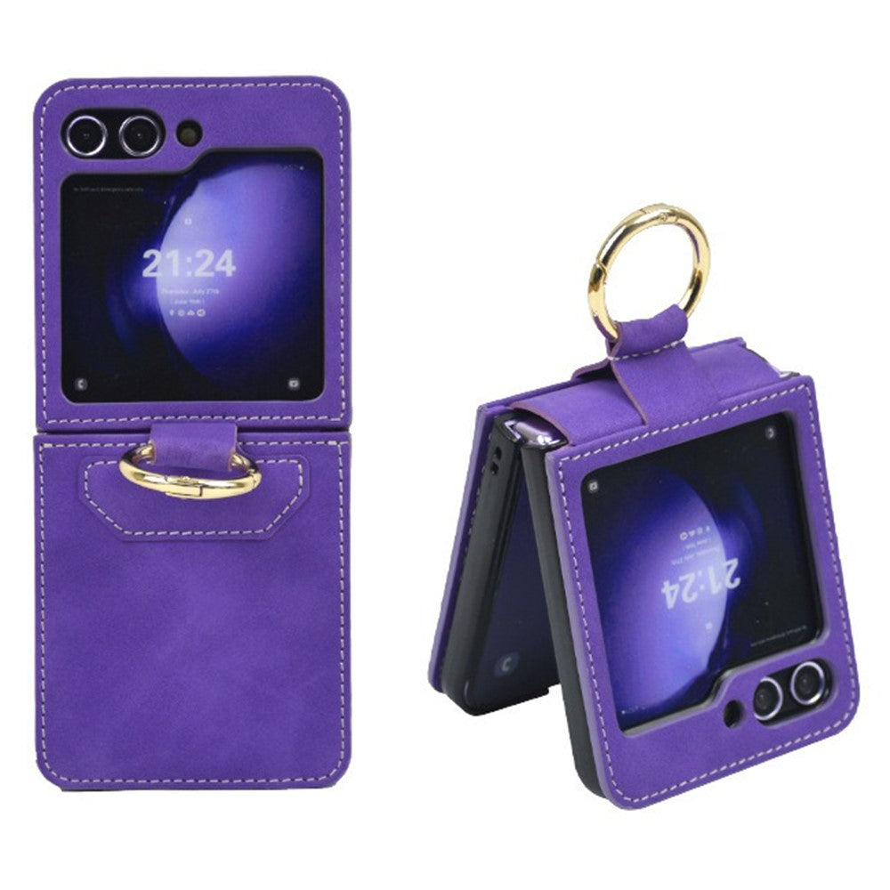 For Samsung Galaxy Z Flip7 FE 5G / Z Flip6 5G Case Ring Holder Kickstand Leather + PC Phone Cover - Purple