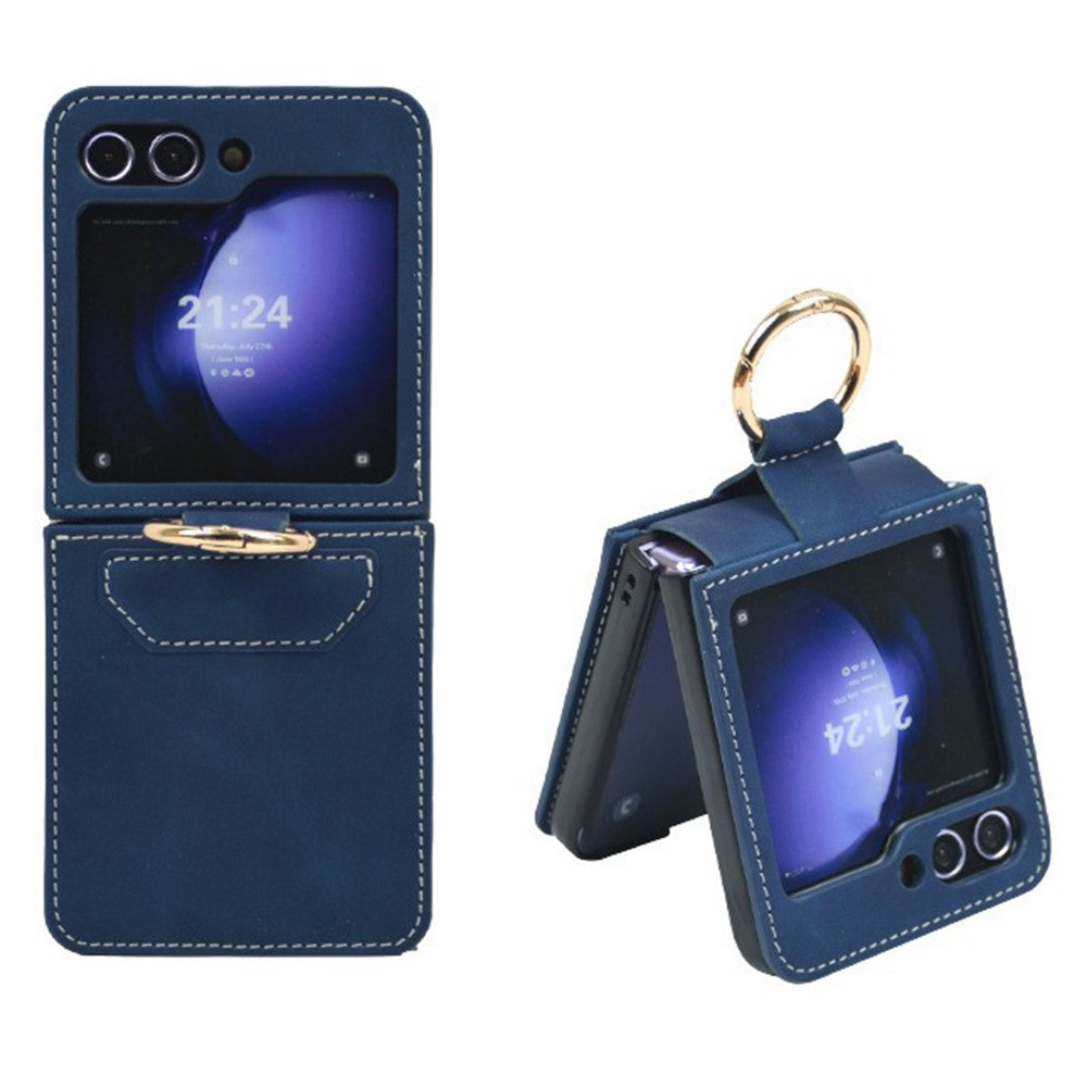 For Samsung Galaxy Z Flip7 FE 5G / Z Flip6 5G Case Ring Holder Kickstand Leather + PC Phone Cover - Blue