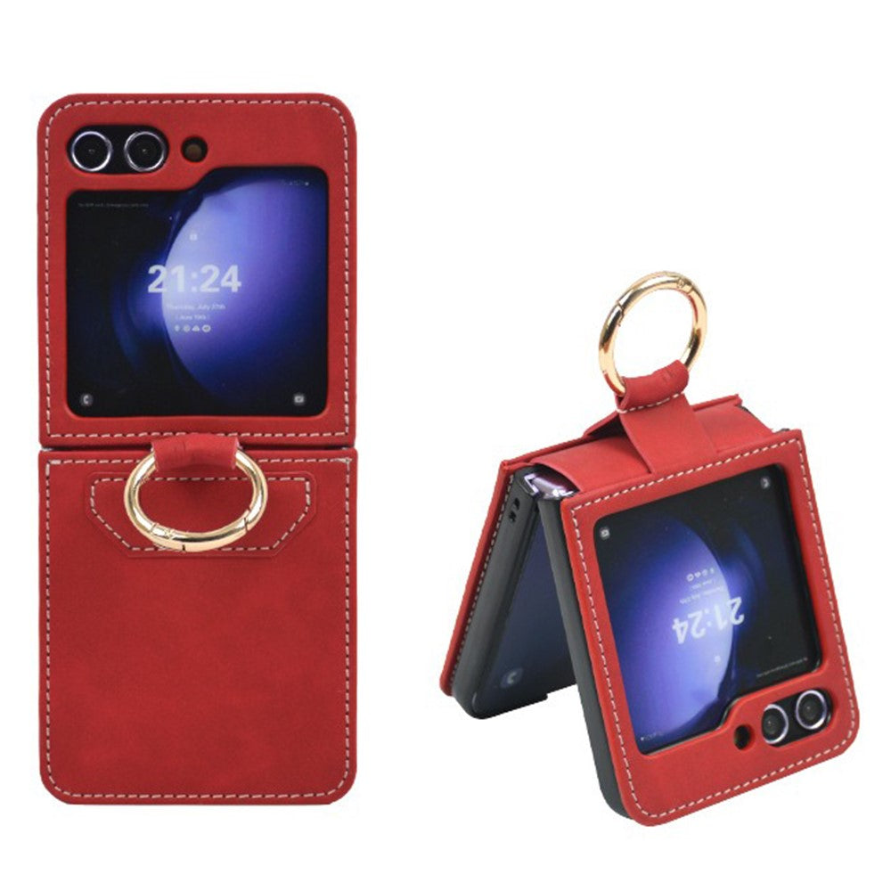 For Samsung Galaxy Z Flip7 FE 5G / Z Flip6 5G Case Ring Holder Kickstand Leather + PC Phone Cover - Red