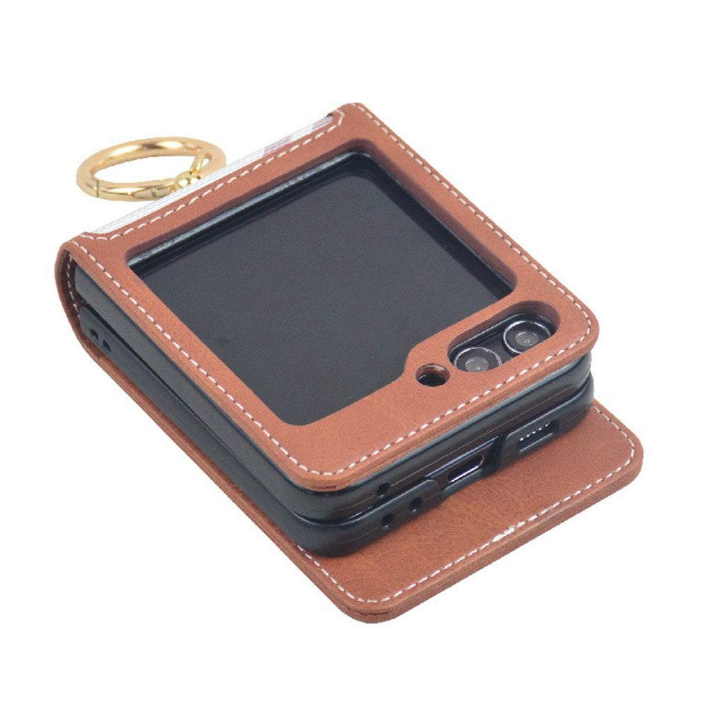 For Samsung Galaxy Z Flip7 FE 5G / Z Flip6 5G Case Metal Ring Card Holder Leather Coated PC Phone Cover - Dark Brown