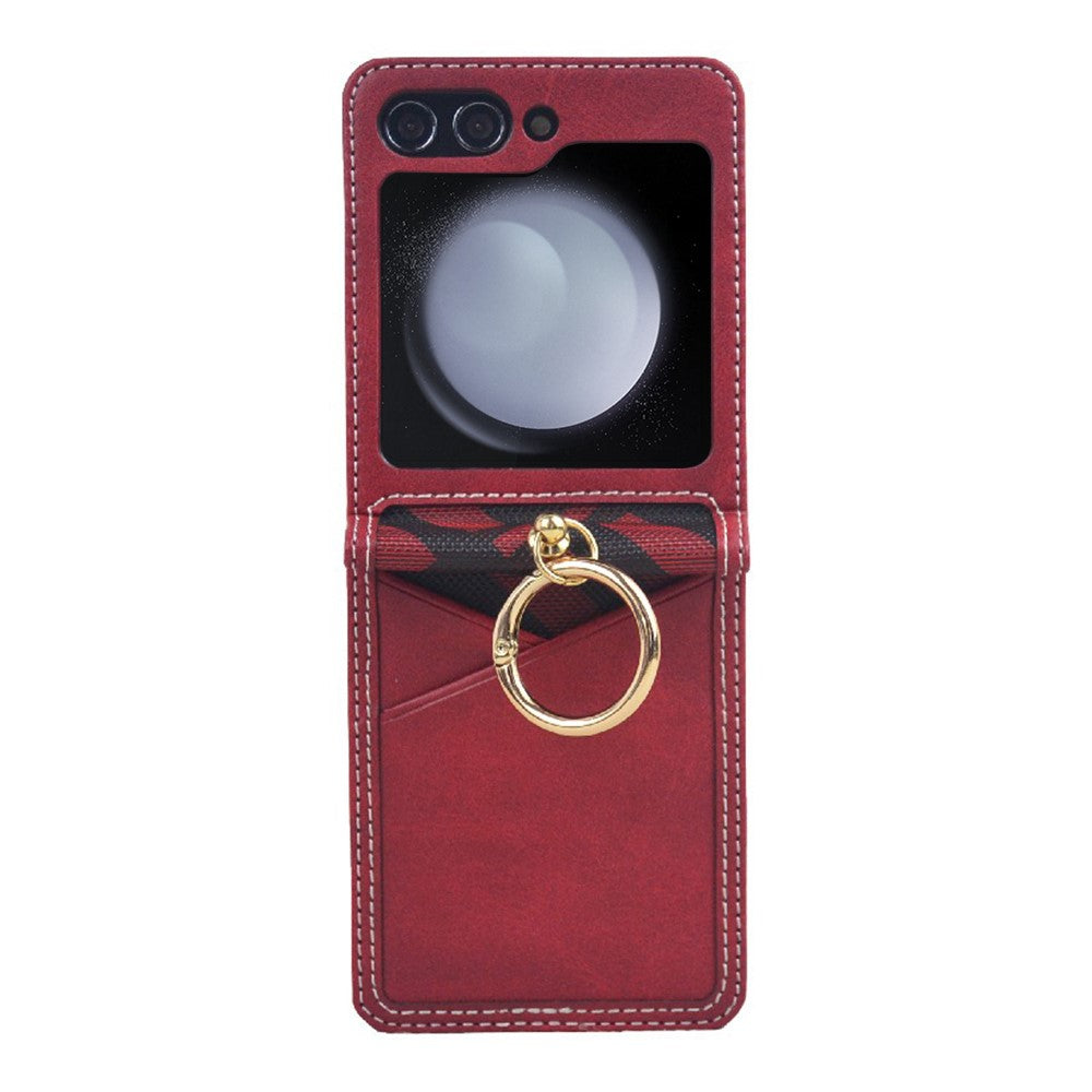 For Samsung Galaxy Z Flip7 FE 5G / Z Flip6 5G Case Metal Ring Card Holder Leather Coated PC Phone Cover - Red