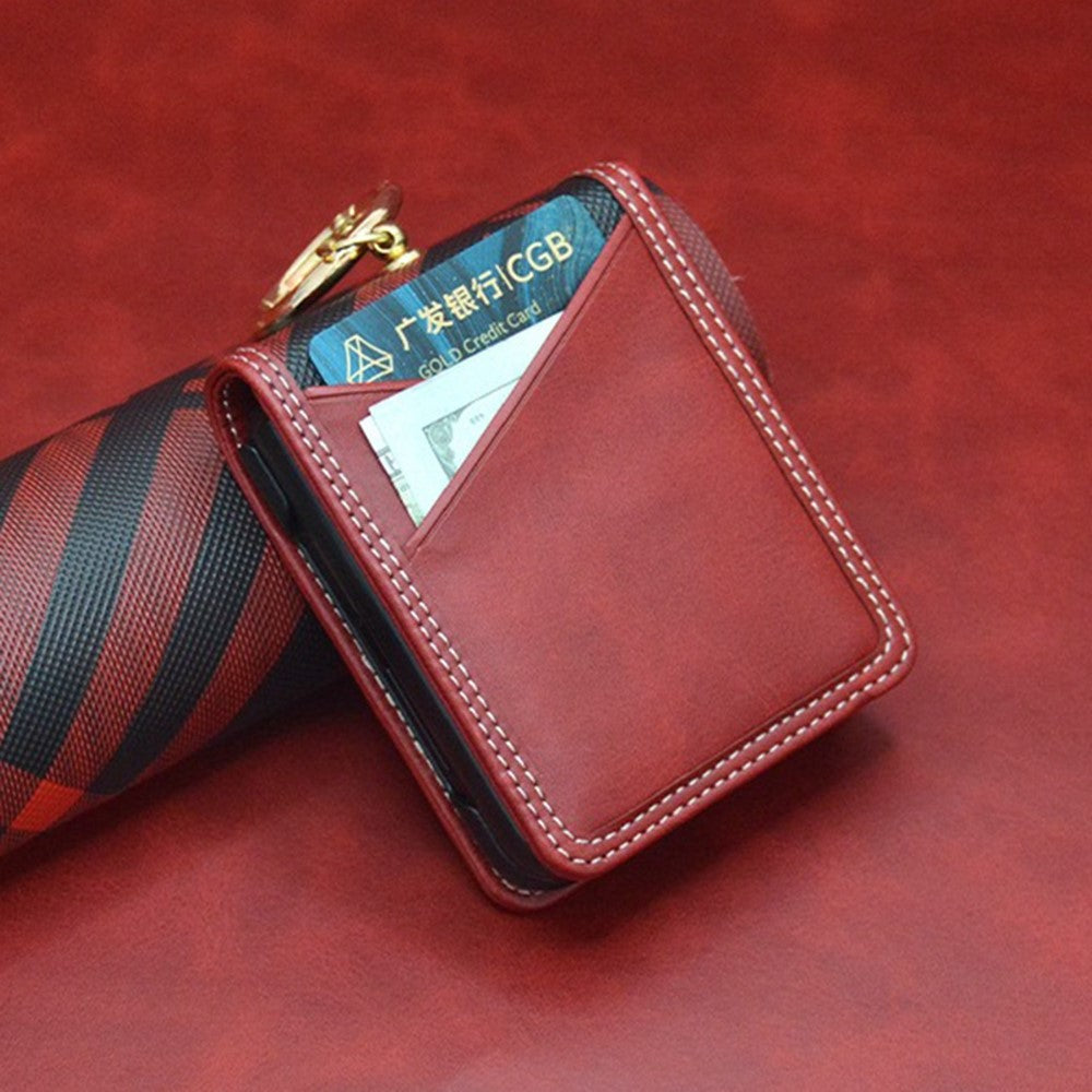 For Samsung Galaxy Z Flip7 FE 5G / Z Flip6 5G Case Metal Ring Card Holder Leather Coated PC Phone Cover - Red