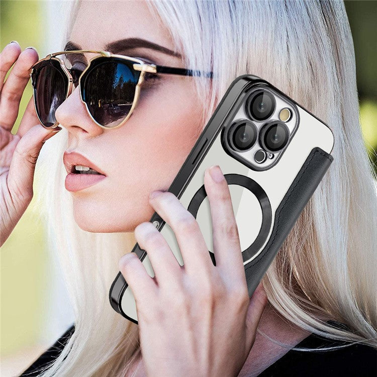 For iPhone 16 Pro Case Compatible with MagSafe PU Leather Card Slots Phone Cover - Black