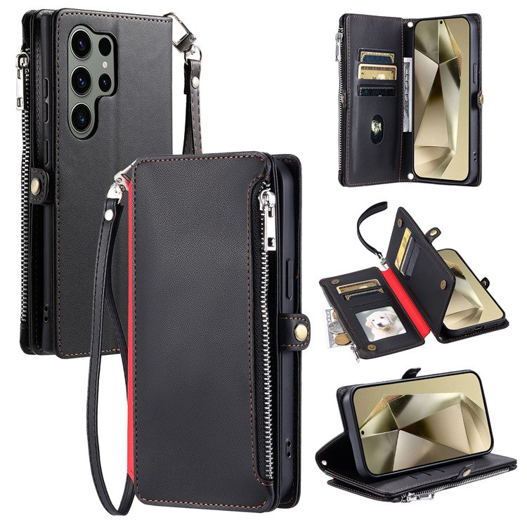 015 Style For Samsung Galaxy S24 Ultra Case TPU+PU Leather Wallet Phone Cover with Straps - Black