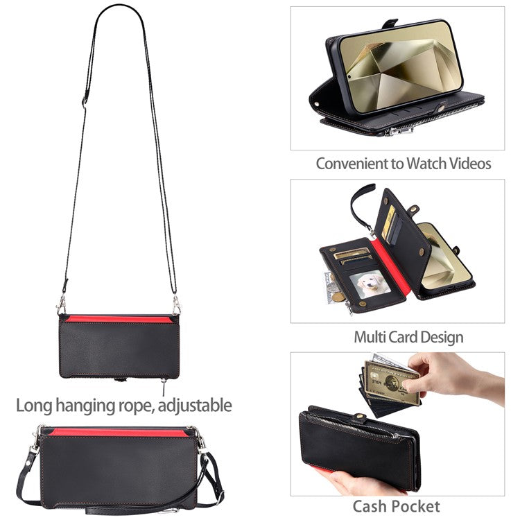 015 Style For Samsung Galaxy S24 Ultra Case TPU+PU Leather Wallet Phone Cover with Straps - Black