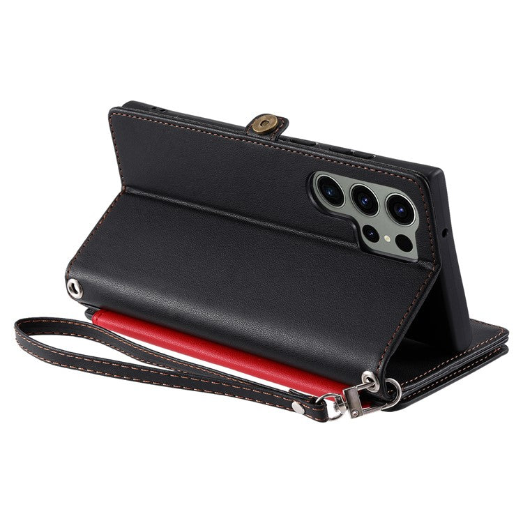 015 Style For Samsung Galaxy S24 Ultra Case TPU+PU Leather Wallet Phone Cover with Straps - Black