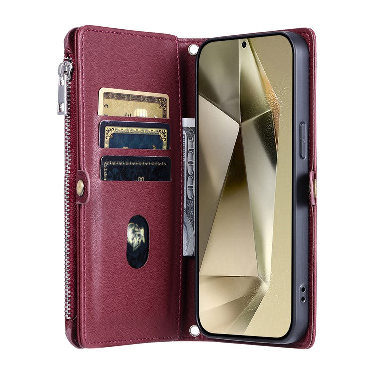 015 Style For Samsung Galaxy A25 5G (Global) (161.0 x 76.5 x 8.3mm) Phone Case Leather Wallet Cover - Wine Red