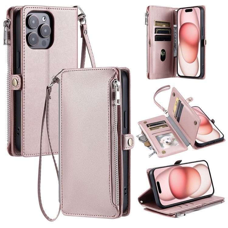 015 Style For iPhone 16 Pro Case Protective Leather Wallet Phone Cover with Straps - Rose Gold