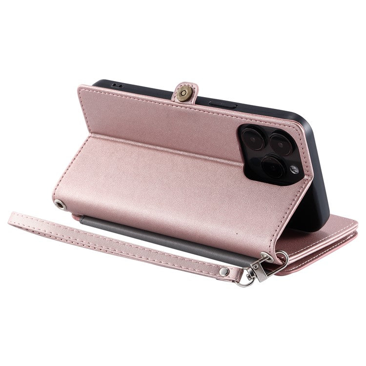 015 Style For iPhone 16 Pro Case Protective Leather Wallet Phone Cover with Straps - Rose Gold