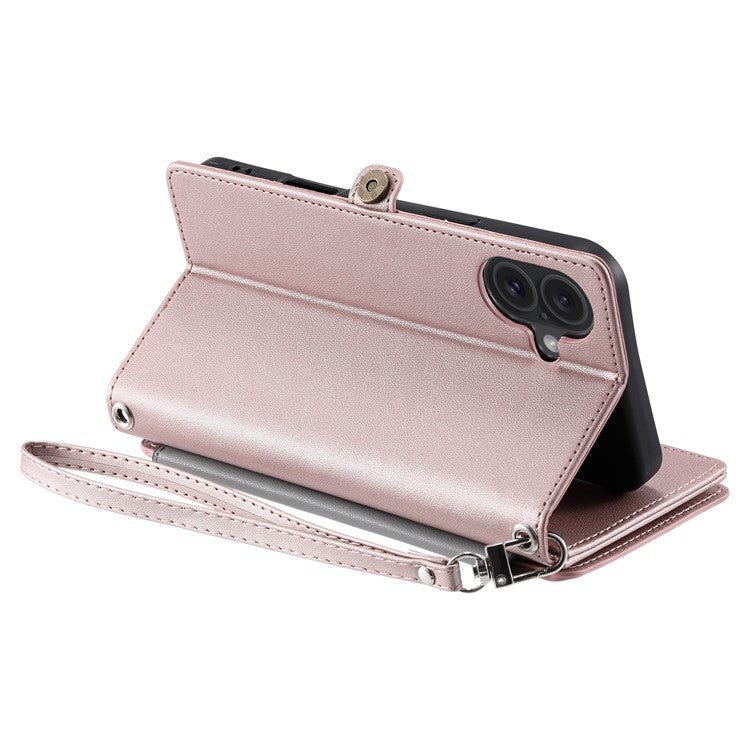 015 Style For iPhone 16 Case Anti-Scratch Card Slots Leather Phone Cover with Straps - Rose Gold