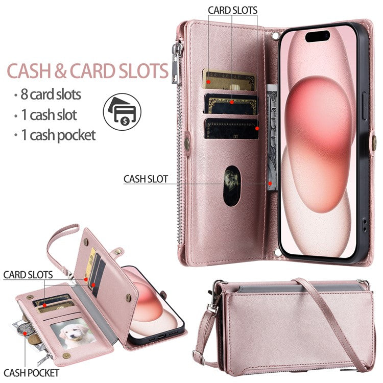 015 Style For iPhone 16 Case Anti-Scratch Card Slots Leather Phone Cover with Straps - Rose Gold