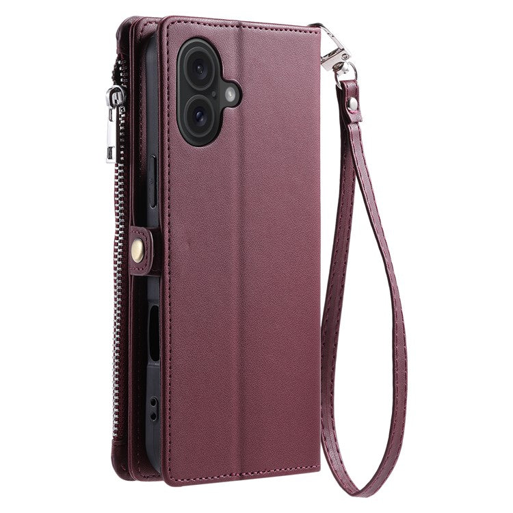 015 Style For iPhone 16 Case Anti-Scratch Card Slots Leather Phone Cover with Straps - Wine Red