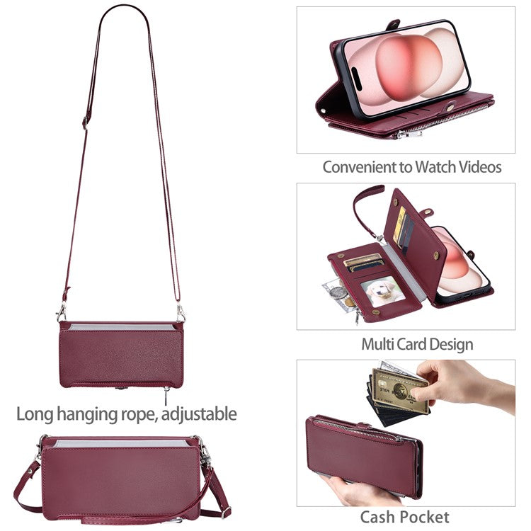 015 Style For iPhone 16 Case Anti-Scratch Card Slots Leather Phone Cover with Straps - Wine Red