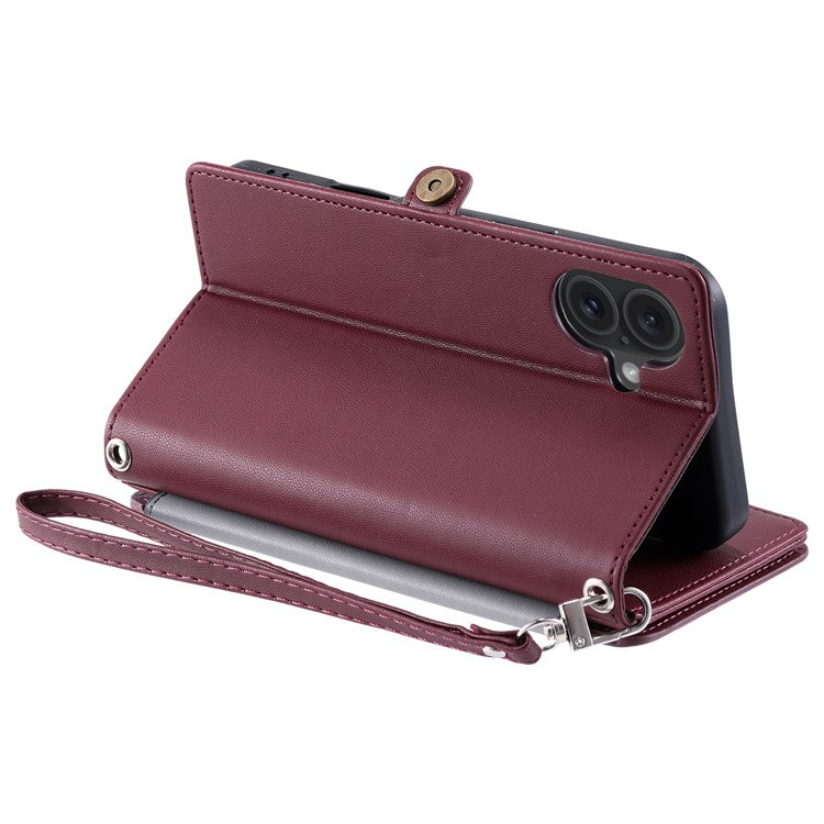 015 Style For iPhone 16 Case Anti-Scratch Card Slots Leather Phone Cover with Straps - Wine Red