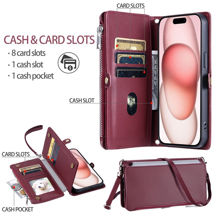 015 Style For iPhone 16 Case Anti-Scratch Card Slots Leather Phone Cover with Straps - Wine Red