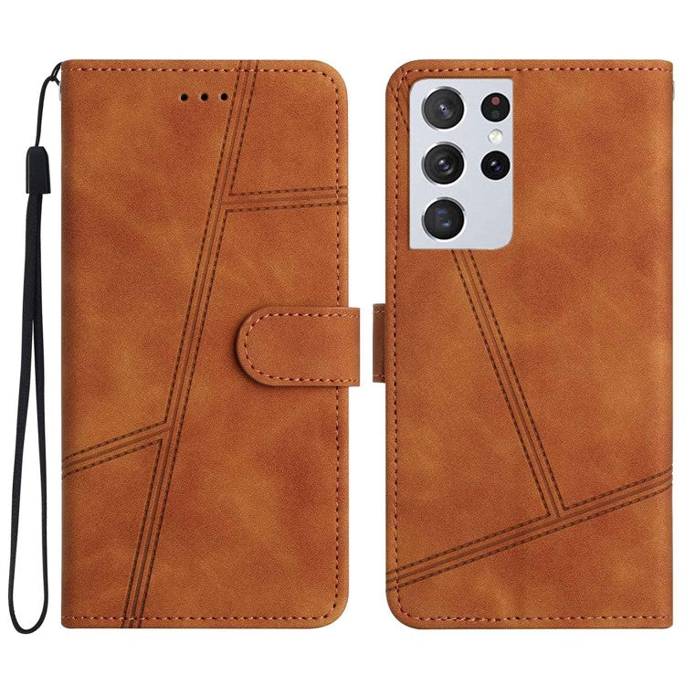 For Samsung Galaxy S21 Ultra 5G Skin-touch Feeling Stand Wallet Case Lines Imprinted Vintage PU Leather Phone Cover - Brown