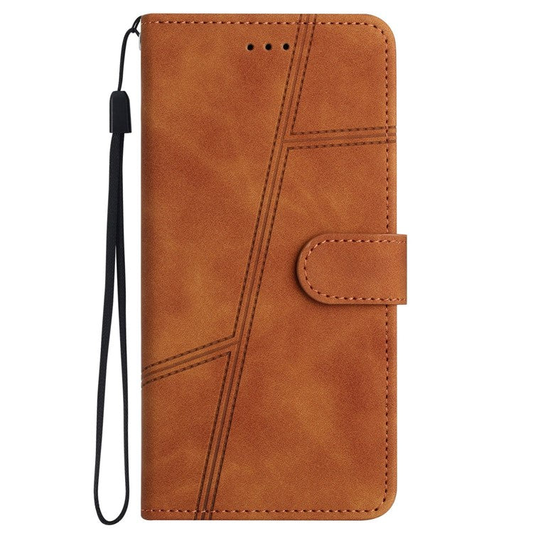 For Samsung Galaxy S21 Ultra 5G Skin-touch Feeling Stand Wallet Case Lines Imprinted Vintage PU Leather Phone Cover - Brown