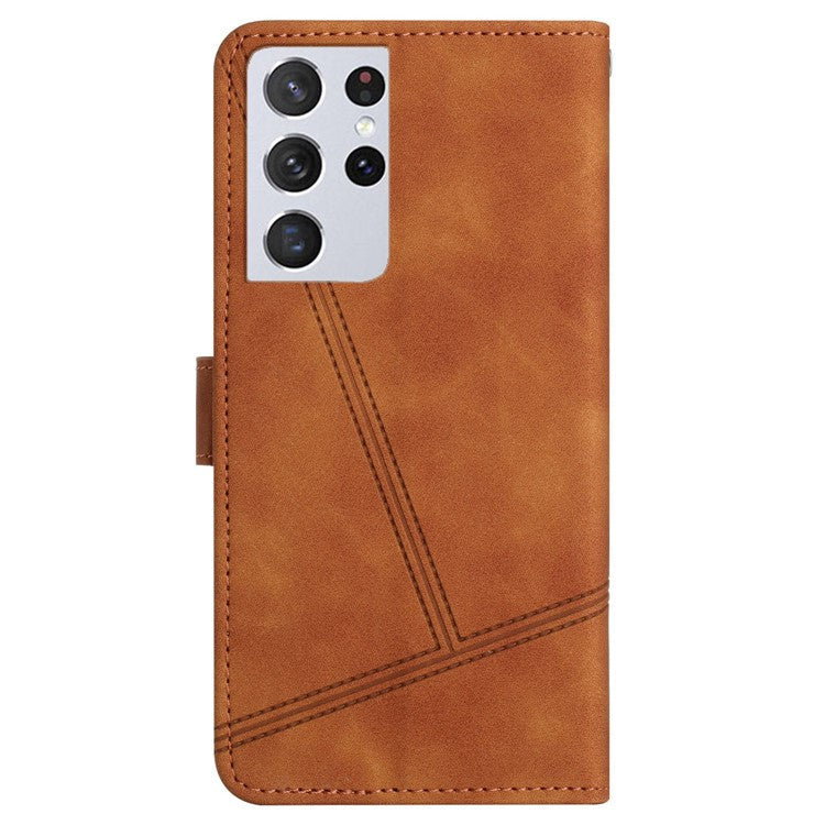 For Samsung Galaxy S21 Ultra 5G Skin-touch Feeling Stand Wallet Case Lines Imprinted Vintage PU Leather Phone Cover - Brown