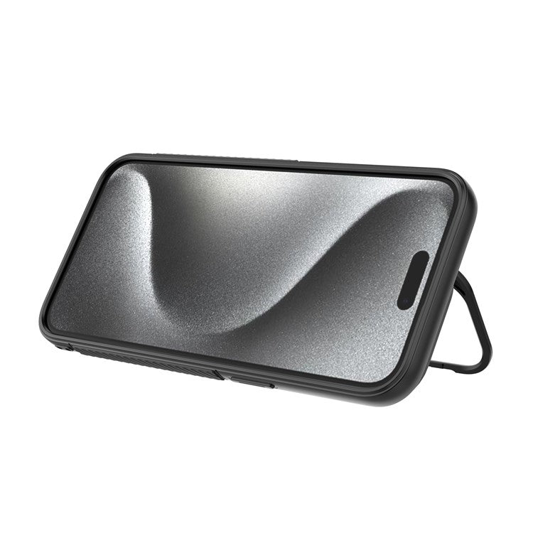 For iPhone 16 Pro Magnetic Case PC Kickstand Ripple Texture TPU Phone Cover - Black