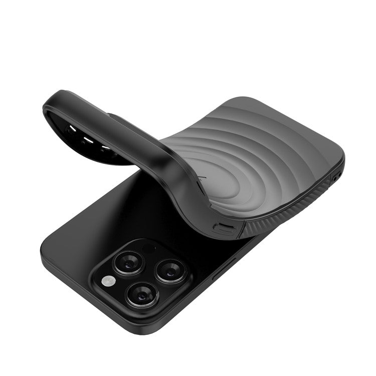 For iPhone 16 Pro Magnetic Case PC Kickstand Ripple Texture TPU Phone Cover - Black
