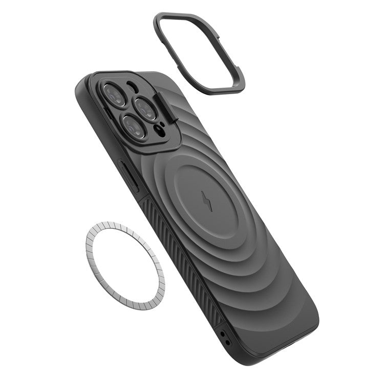 For iPhone 16 Pro Magnetic Case PC Kickstand Ripple Texture TPU Phone Cover - Black