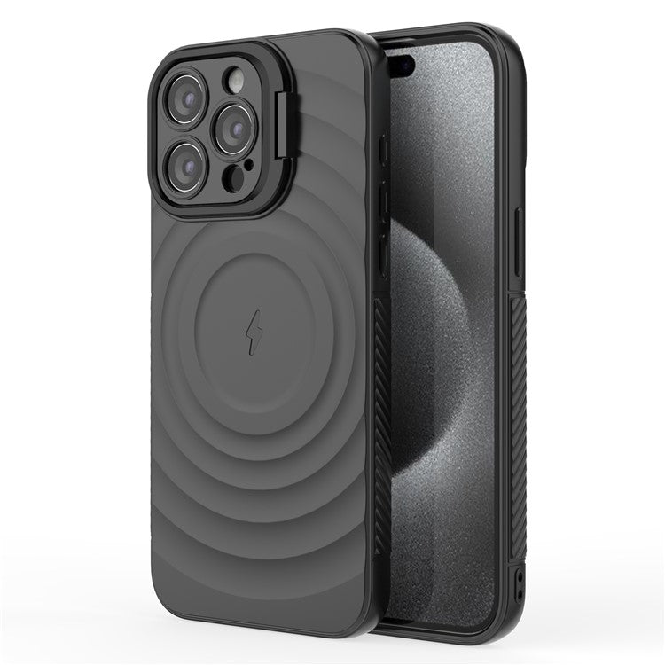 For iPhone 16 Pro Magnetic Case PC Kickstand Ripple Texture TPU Phone Cover - Black