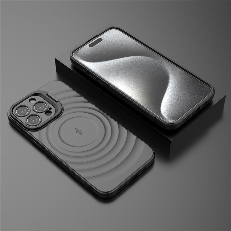 For iPhone 16 Pro Magnetic Case PC Kickstand Ripple Texture TPU Phone Cover - Black