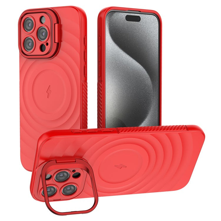 For iPhone 16 Pro Magnetic Case PC Kickstand Ripple Texture TPU Phone Cover - Red