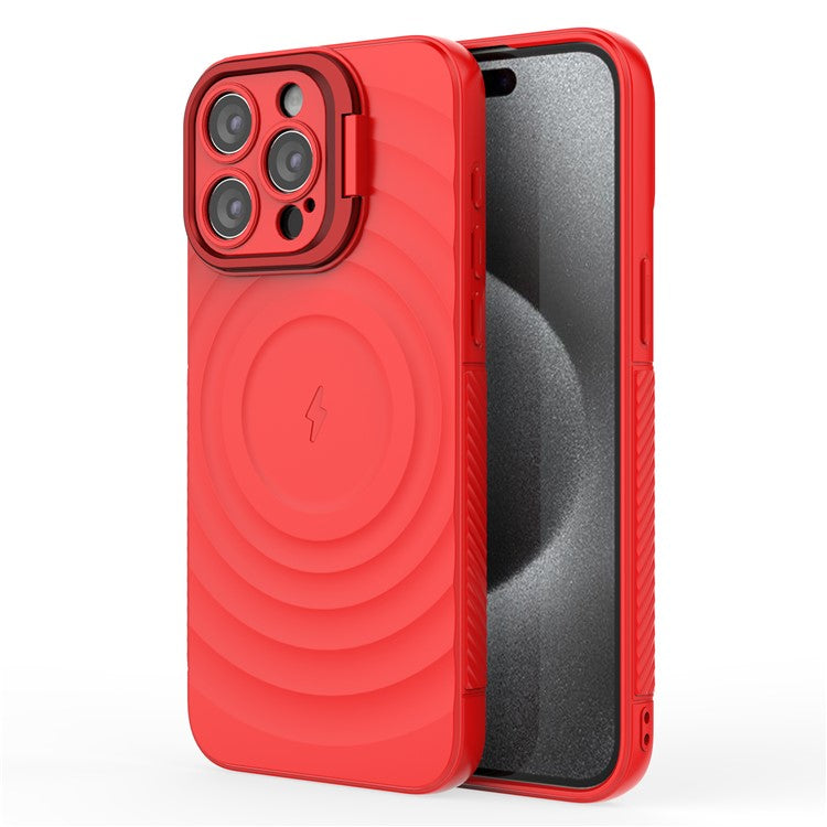 For iPhone 16 Pro Magnetic Case PC Kickstand Ripple Texture TPU Phone Cover - Red