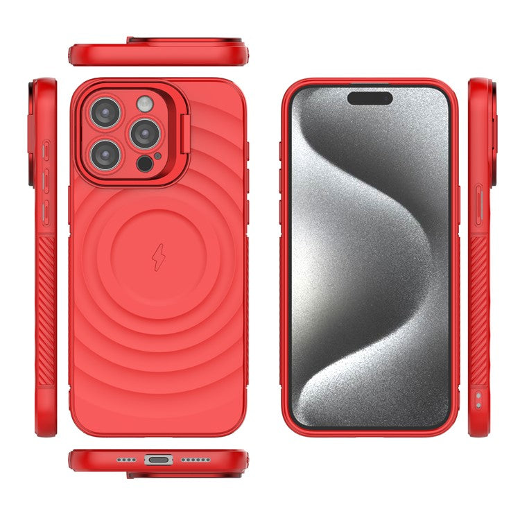 For iPhone 16 Pro Magnetic Case PC Kickstand Ripple Texture TPU Phone Cover - Red