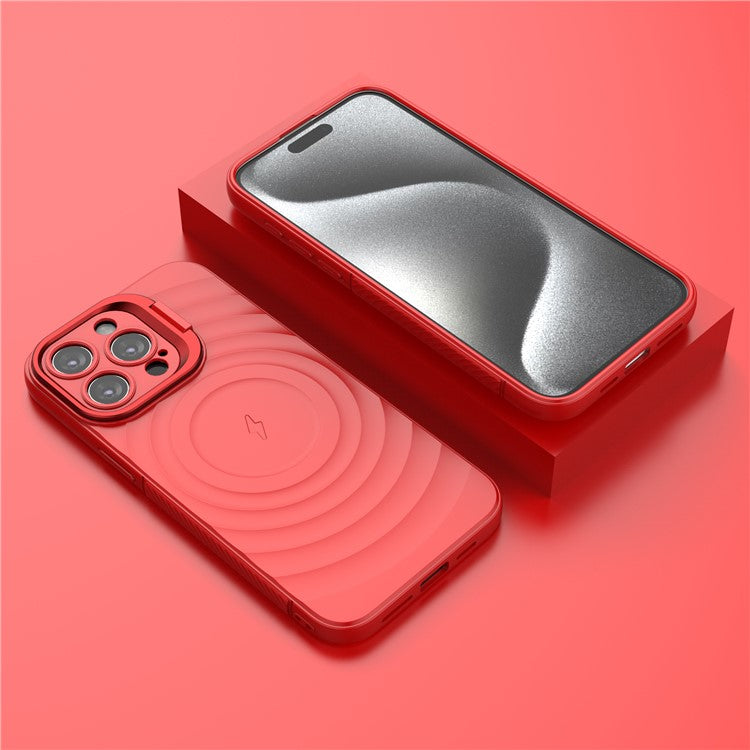 For iPhone 16 Pro Magnetic Case PC Kickstand Ripple Texture TPU Phone Cover - Red