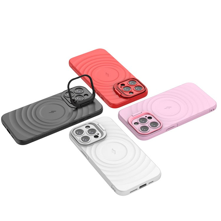 For iPhone 16 Pro Magnetic Case PC Kickstand Ripple Texture TPU Phone Cover - Red