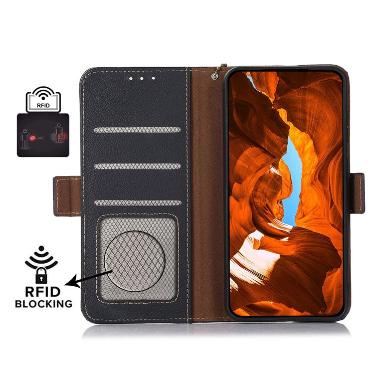 TJ For OnePlus Nord CE4 Lite 5G / Oppo K12x 5G (China) Case RFID Blocking Genuine Cow Leather Phone Cover - Blue