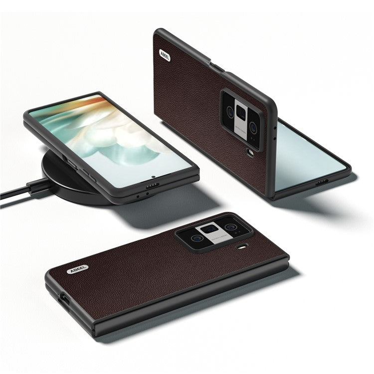 ABEEL For Honor Magic Vs3 5G Case Black Edge Genuine Cow Leather PC Phone Cover - Coffee