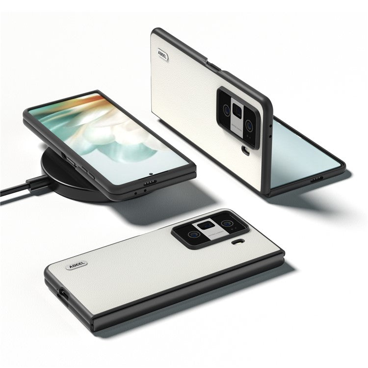 ABEEL For Honor Magic Vs3 5G Case Black Edge Genuine Cow Leather PC Phone Cover - White