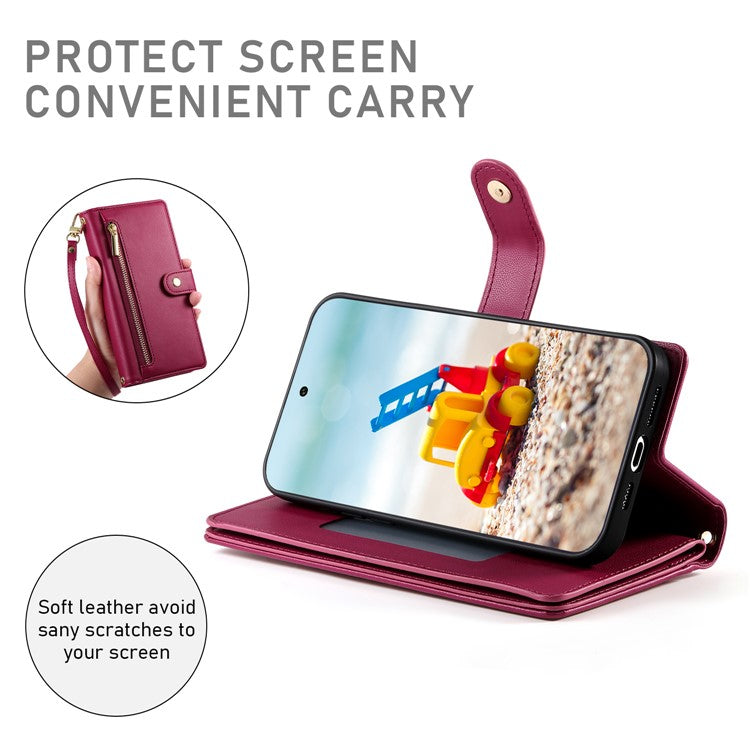 DF-011 For Google Pixel 9 Pro XL Leather Case Zipper Wallet Stand Crossbody Phone Cover - Red