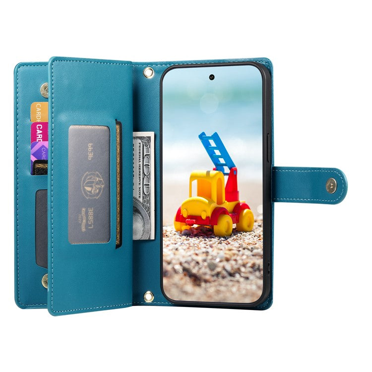 DF-011 For Google Pixel 9 Pro XL Leather Case Zipper Wallet Stand Crossbody Phone Cover - Blue