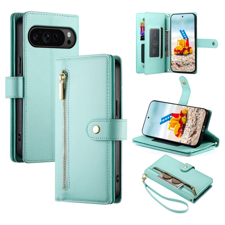 DF-011 For Google Pixel 9 Pro XL Leather Case Zipper Wallet Stand Crossbody Phone Cover - Mint Green