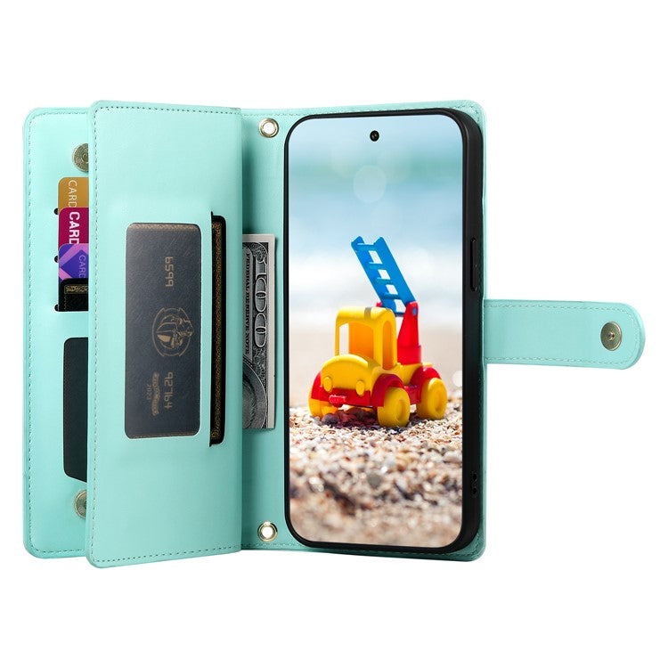 DF-011 For Google Pixel 9 Pro XL Leather Case Zipper Wallet Stand Crossbody Phone Cover - Mint Green