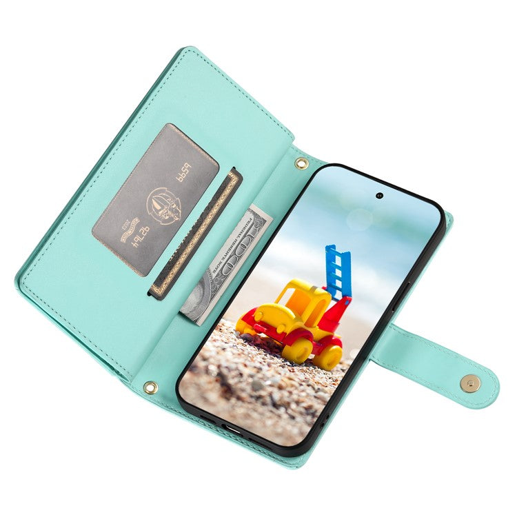 DF-011 For Google Pixel 9 Pro XL Leather Case Zipper Wallet Stand Crossbody Phone Cover - Mint Green