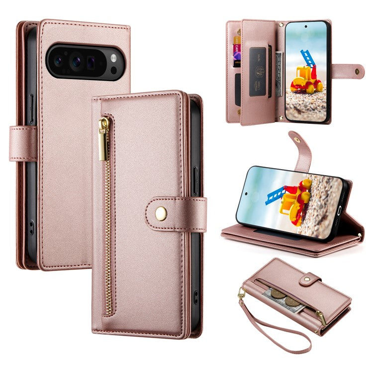 DF-011 For Google Pixel 9 Pro XL Leather Case Zipper Wallet Stand Crossbody Phone Cover - Pink