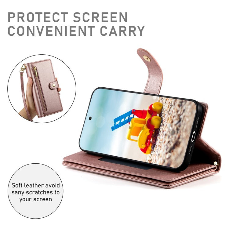 DF-011 For Google Pixel 9 Pro XL Leather Case Zipper Wallet Stand Crossbody Phone Cover - Pink