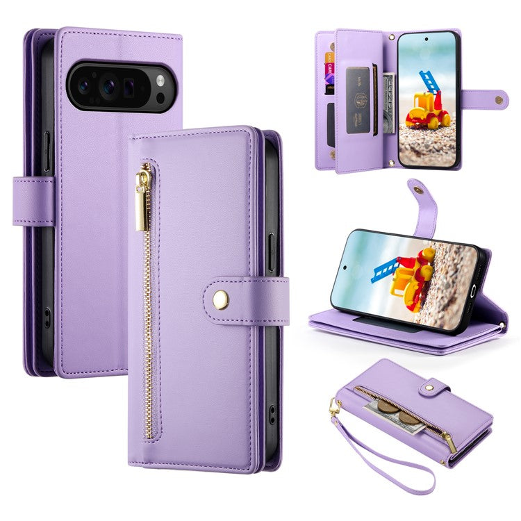 DF-011 For Google Pixel 9 Pro XL Leather Case Zipper Wallet Stand Crossbody Phone Cover - Purple