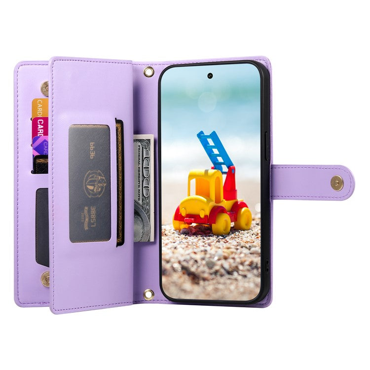 DF-011 For Google Pixel 9 Pro XL Leather Case Zipper Wallet Stand Crossbody Phone Cover - Purple