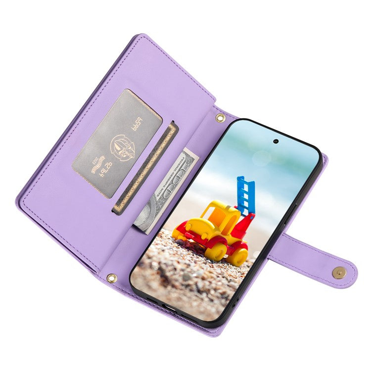 DF-011 For Google Pixel 9 Pro XL Leather Case Zipper Wallet Stand Crossbody Phone Cover - Purple