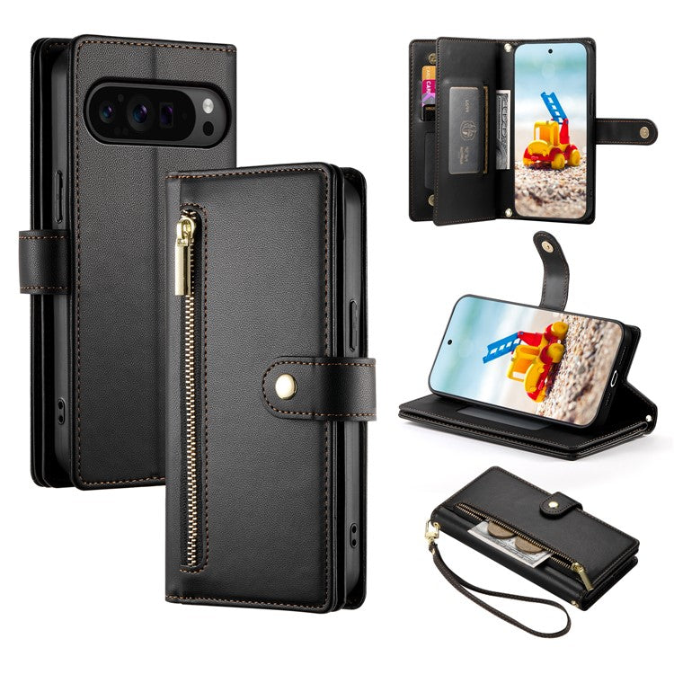DF-011 For Google Pixel 9 Pro XL Leather Case Zipper Wallet Stand Crossbody Phone Cover - Black