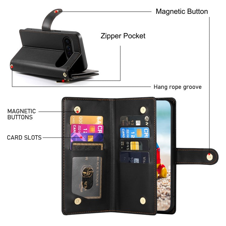 DF-011 For Google Pixel 9 Pro XL Leather Case Zipper Wallet Stand Crossbody Phone Cover - Black