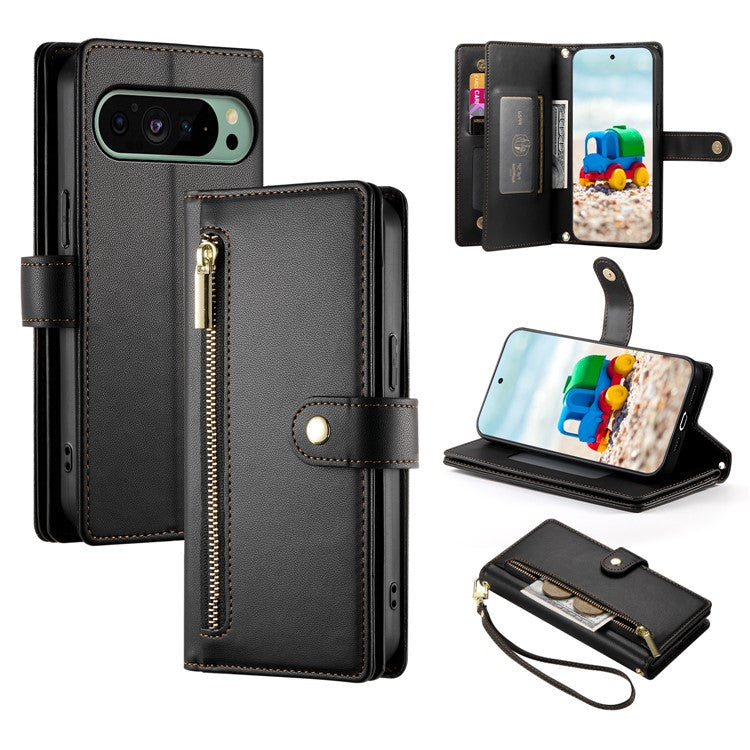 DF-011 For Google Pixel 9 / Pixel 9 Pro Case Multiple Card Slots Zipper PU Leather Phone Cover - Black