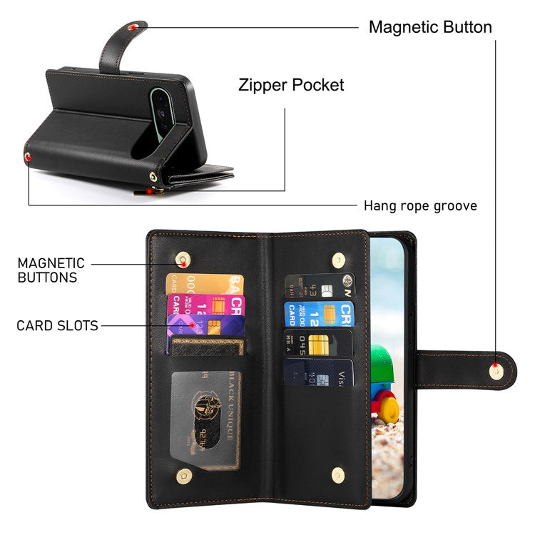 DF-011 For Google Pixel 9 / Pixel 9 Pro Case Multiple Card Slots Zipper PU Leather Phone Cover - Black